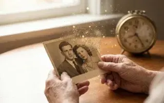 Mãos de uma pessoa idosa segurando uma fotografia antiga que está se desintegrando, simbolizando a perda de memória na Doença de Alzheimer.