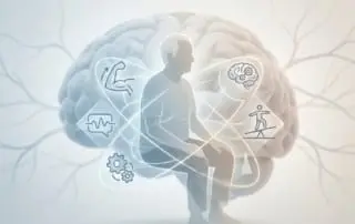 Ilustração médica da neuroplasticidade cerebral após AVC, mostrando reorganização das conexões neurais durante a reabilitação
