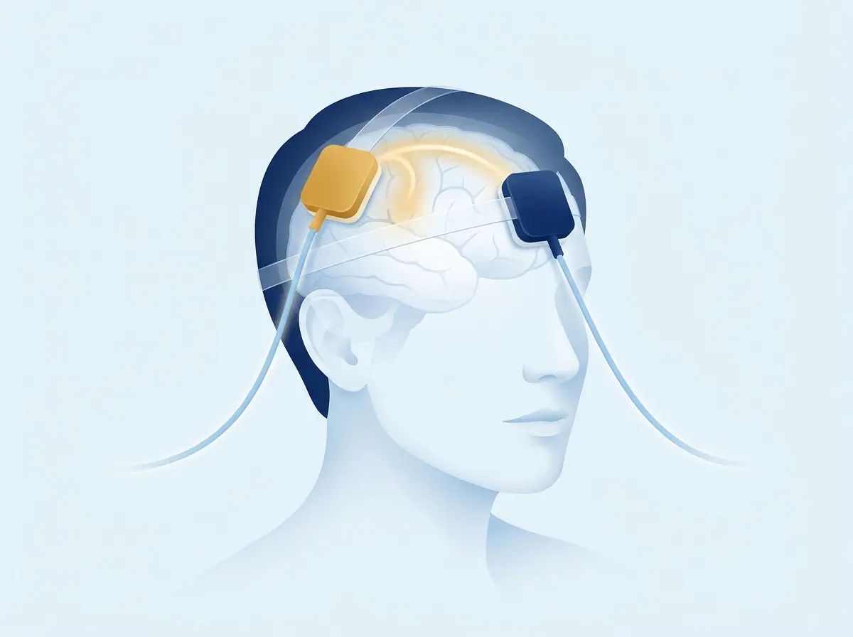 Ilustração de neuromodulação não invasiva por tDCS: cabeça com cérebro estilizado, eletrodos de estimulação e ondas suaves de corrente elétrica de baixa intensidade.