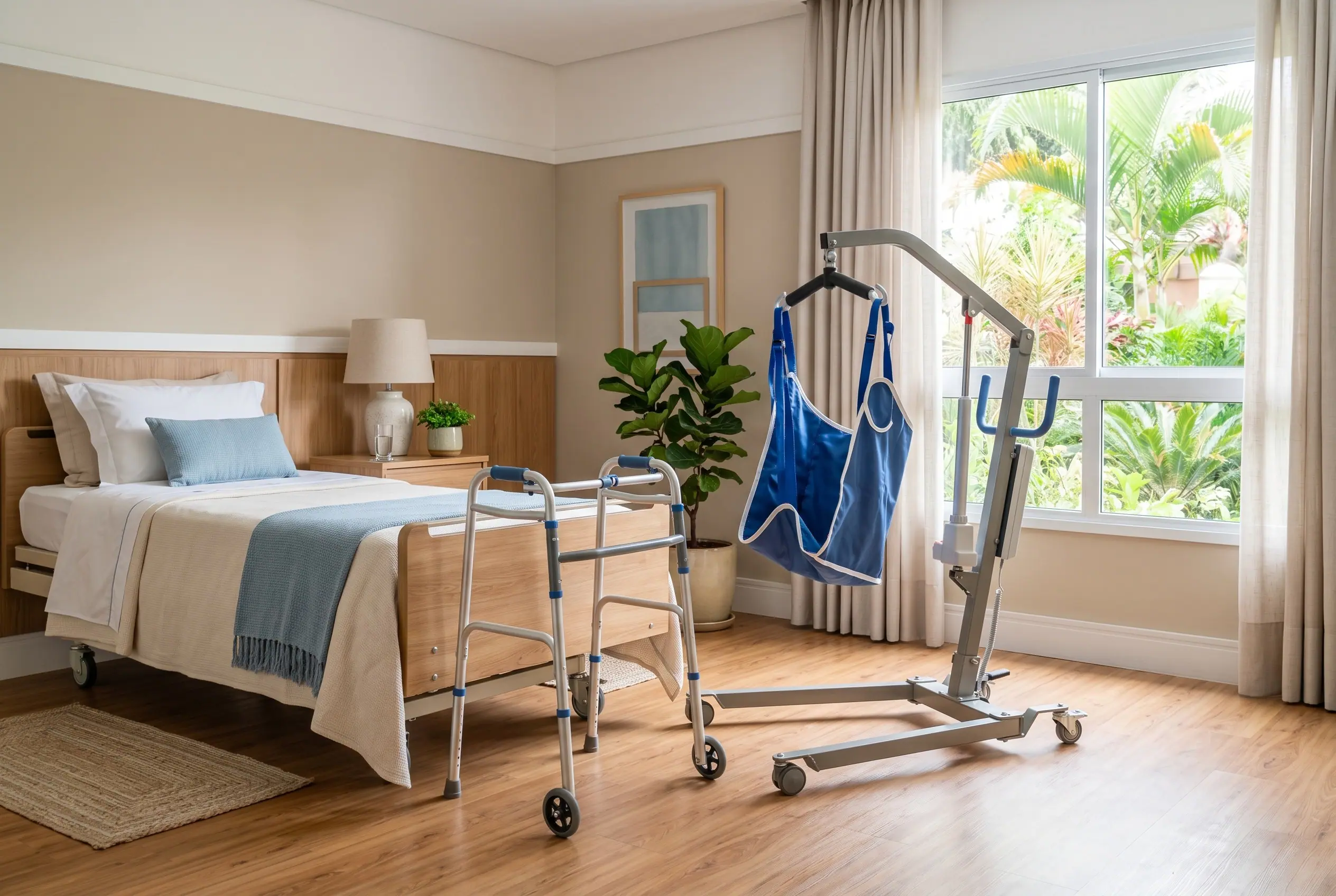 Quarto adaptado com cama, andador e equipamento de transferência para cuidado seguro de idoso dependente.