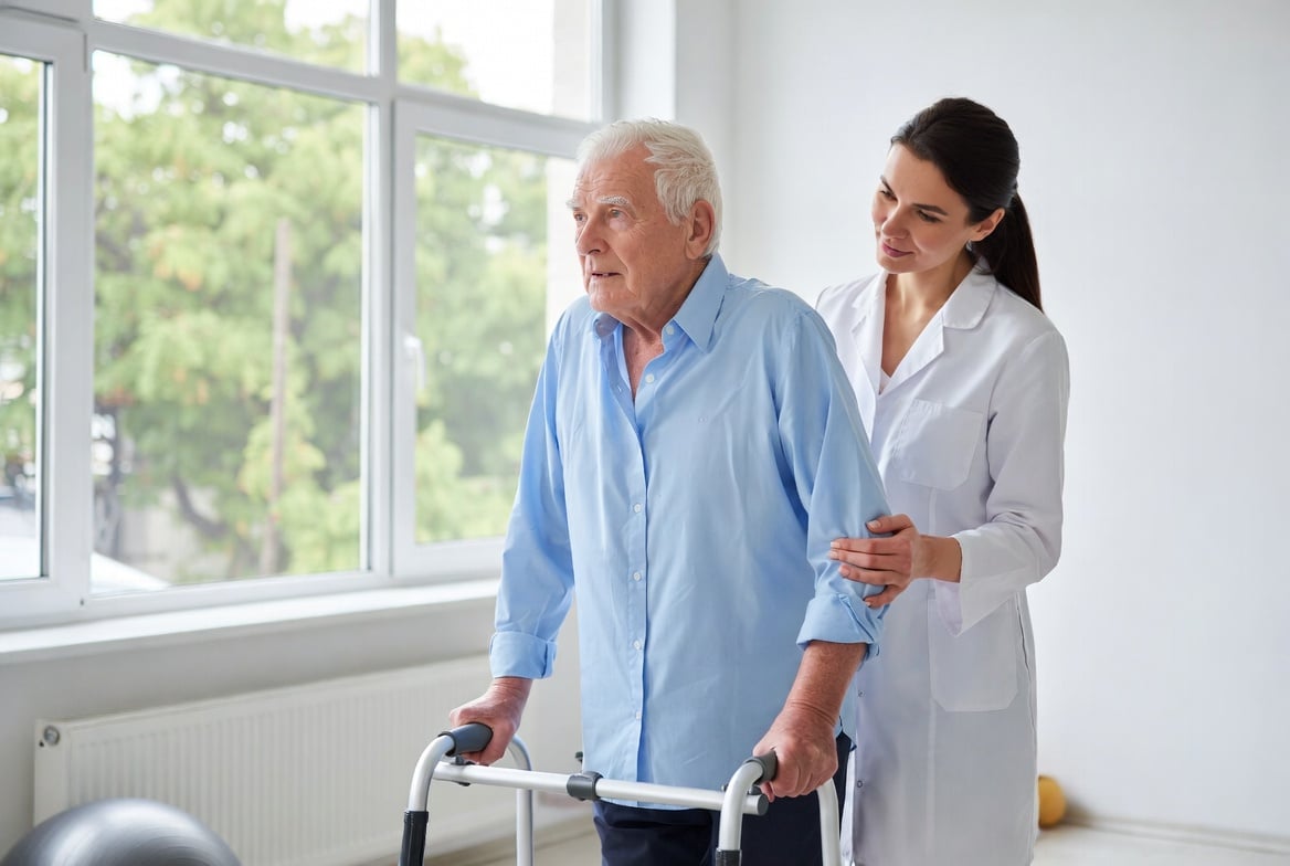 Idoso sendo assistido em reabilitação de parkinson avançado.