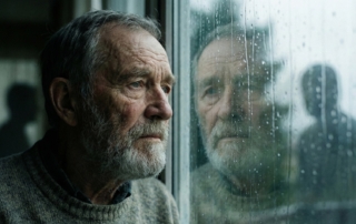 Homem idoso olhando pela janela com reflexos distorcidos e sombras, ilustrando as alterações de percepção e alucinações na Demência com Corpos de Lewy.