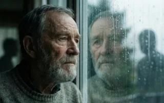 Homem idoso olhando pela janela com reflexos distorcidos e sombras, ilustrando as alterações de percepção e alucinações na Demência com Corpos de Lewy.