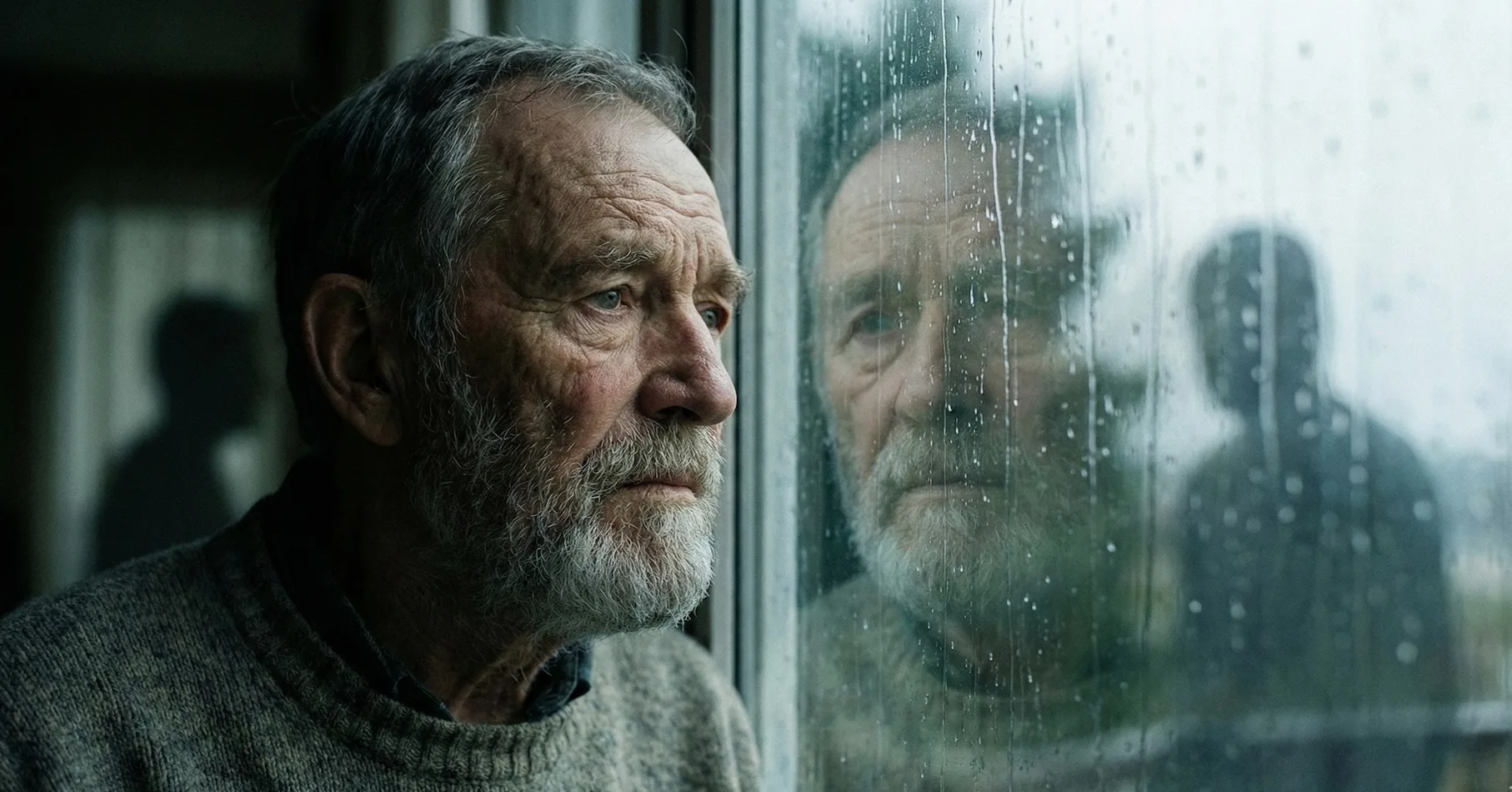 Homem idoso olhando pela janela com reflexos distorcidos e sombras, ilustrando as alterações de percepção e alucinações na Demência com Corpos de Lewy.