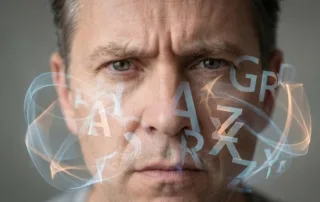 Pessoa de meia-idade com letras e formas abstratas confusas flutuando em frente ao rosto, representando os desafios de linguagem e comportamento na Demência Frontotemporal.