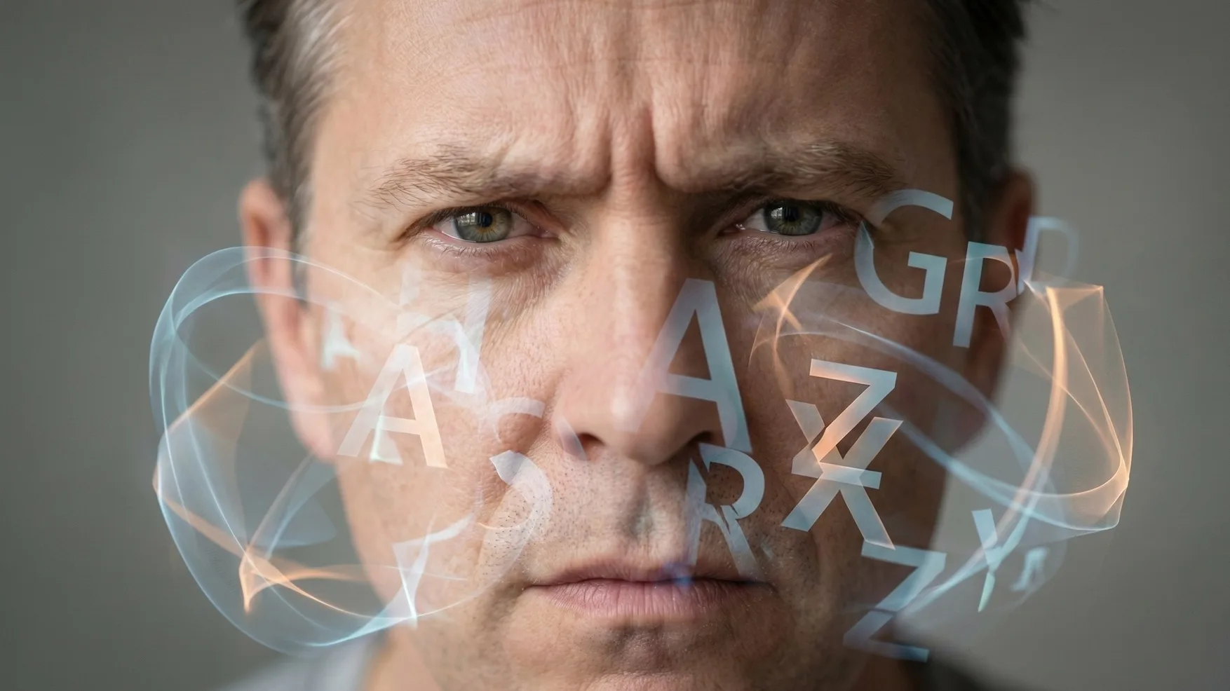 Pessoa de meia-idade com letras e formas abstratas confusas flutuando em frente ao rosto, representando os desafios de linguagem e comportamento na Demência Frontotemporal.