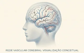 Ilustração conceitual do cérebro humano mostrando redes de vasos sanguíneos com interrupções, representando a causa da Demência Vascular.
