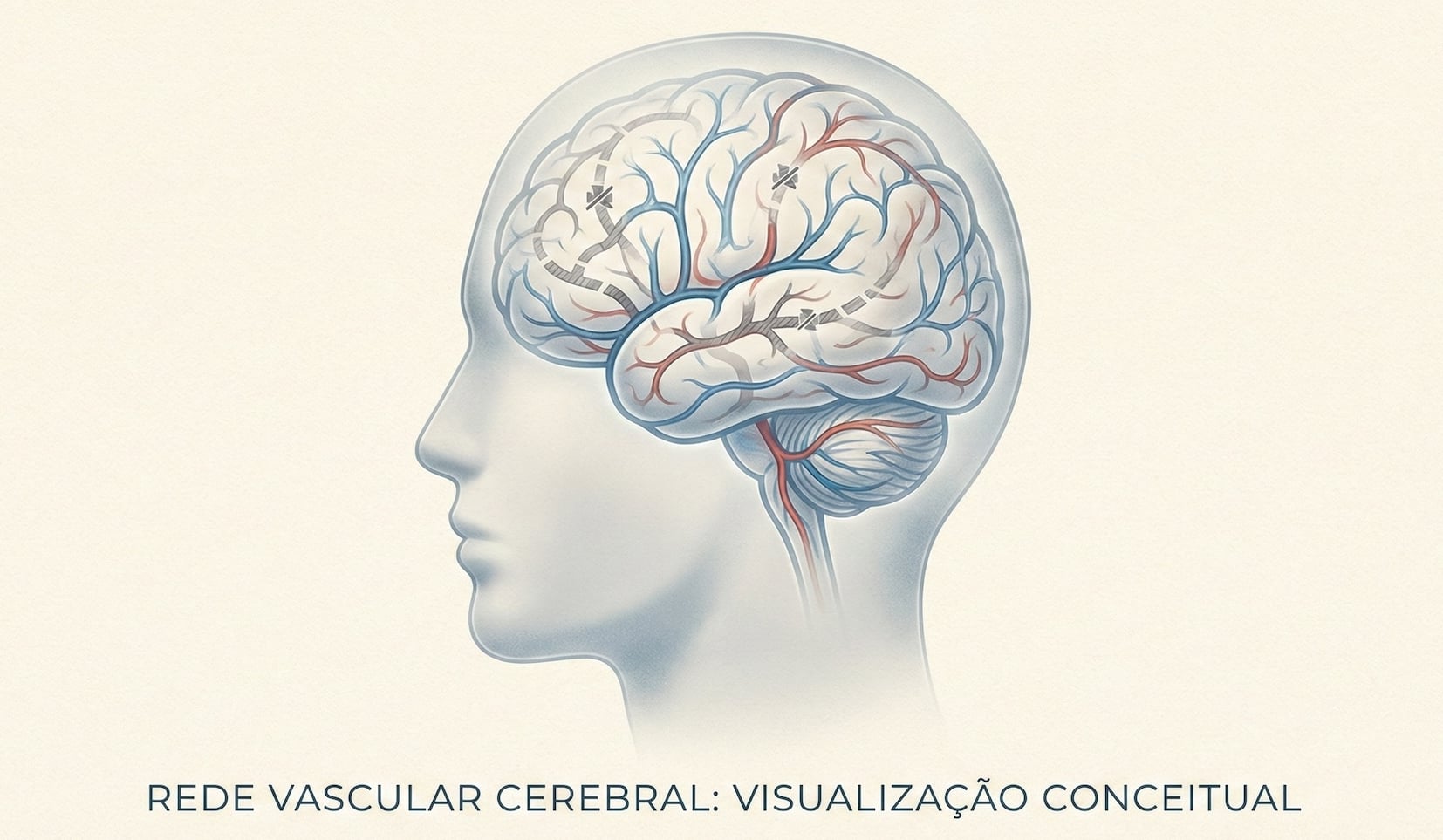 Ilustração conceitual do cérebro humano mostrando redes de vasos sanguíneos com interrupções, representando a causa da Demência Vascular.