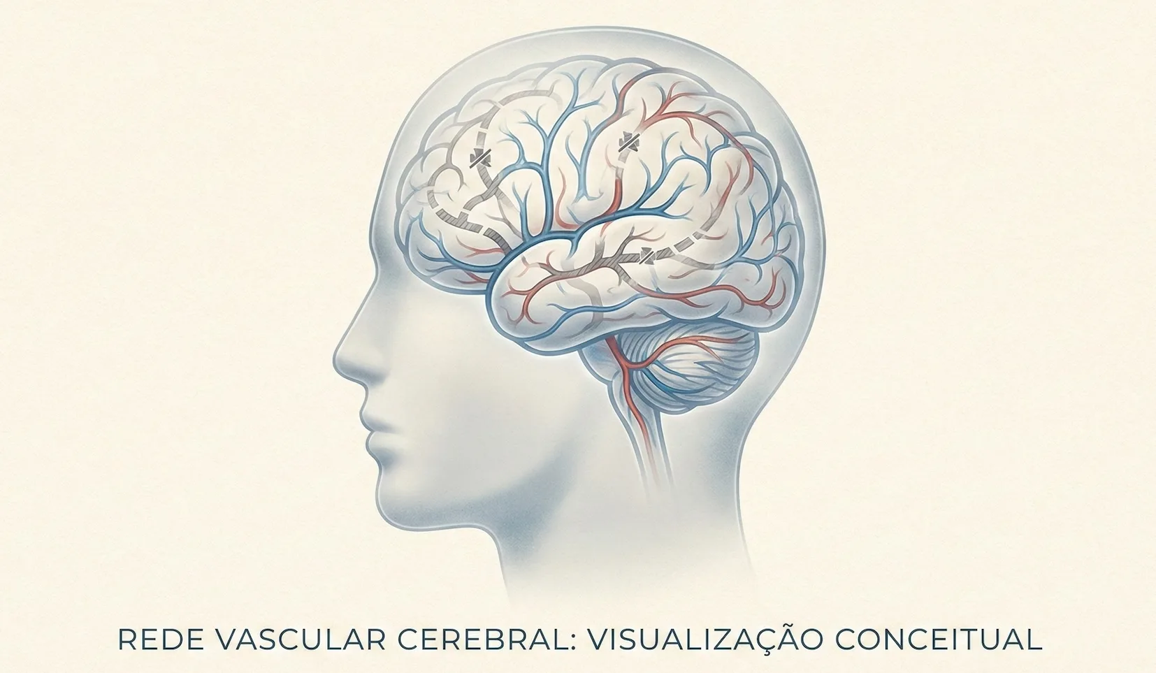 Ilustração conceitual do cérebro humano mostrando redes de vasos sanguíneos com interrupções, representando a causa da Demência Vascular.