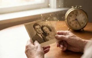 Mãos de uma pessoa idosa segurando uma fotografia antiga que está se desintegrando, simbolizando a perda de memória na Doença de Alzheimer.
