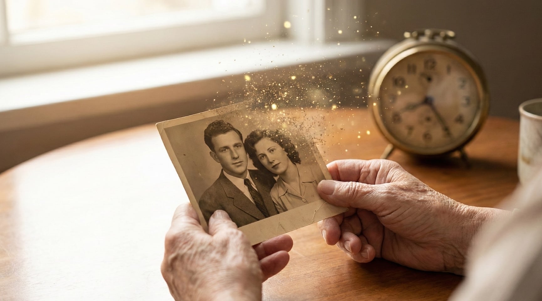 Mãos de uma pessoa idosa segurando uma fotografia antiga que está se desintegrando, simbolizando a perda de memória na Doença de Alzheimer.