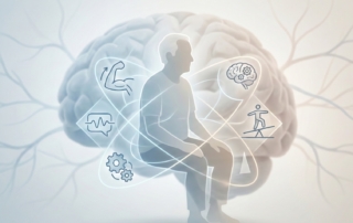 Ilustração médica da neuroplasticidade cerebral após AVC, mostrando reorganização das conexões neurais durante a reabilitação