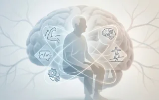 Ilustração médica da neuroplasticidade cerebral após AVC, mostrando reorganização das conexões neurais durante a reabilitação