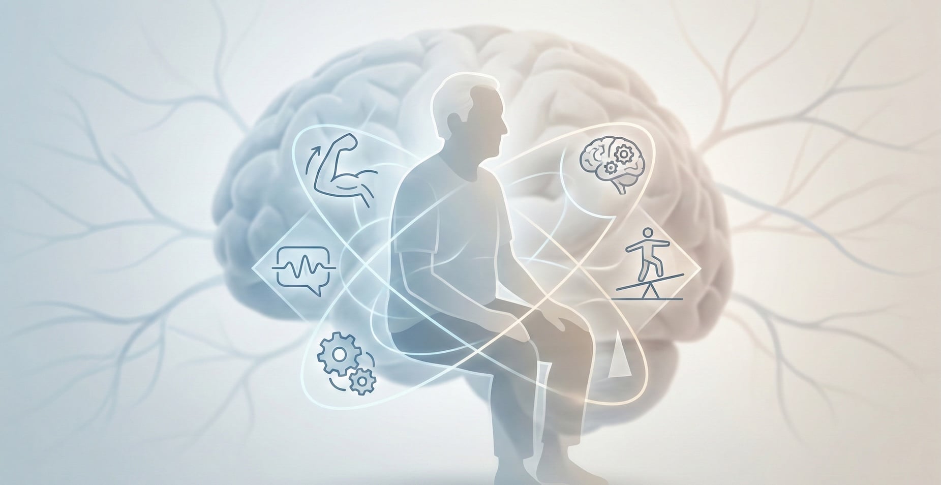 Ilustração médica da neuroplasticidade cerebral após AVC, mostrando reorganização das conexões neurais durante a reabilitação