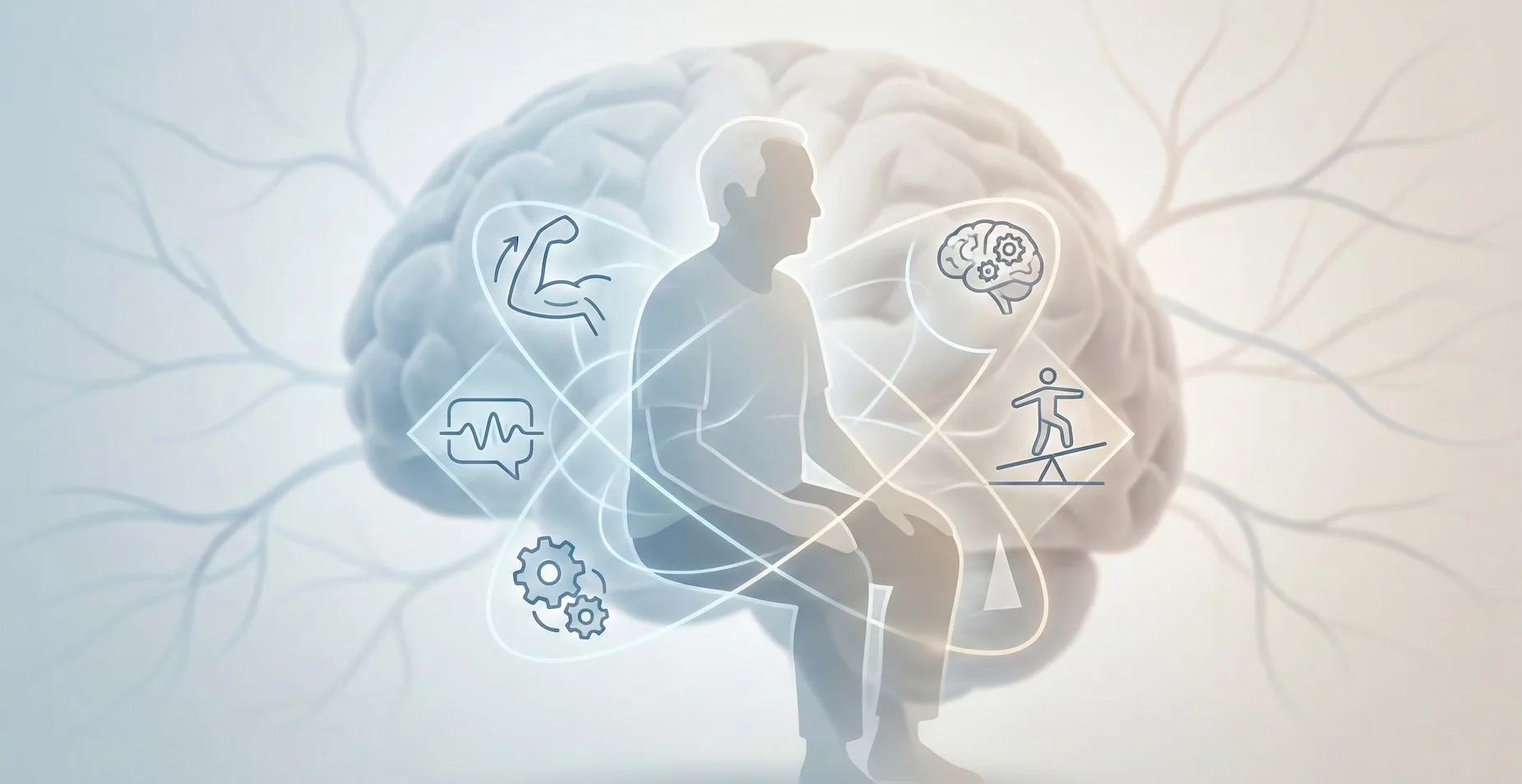 Ilustração médica da neuroplasticidade cerebral após AVC, mostrando reorganização das conexões neurais durante a reabilitação