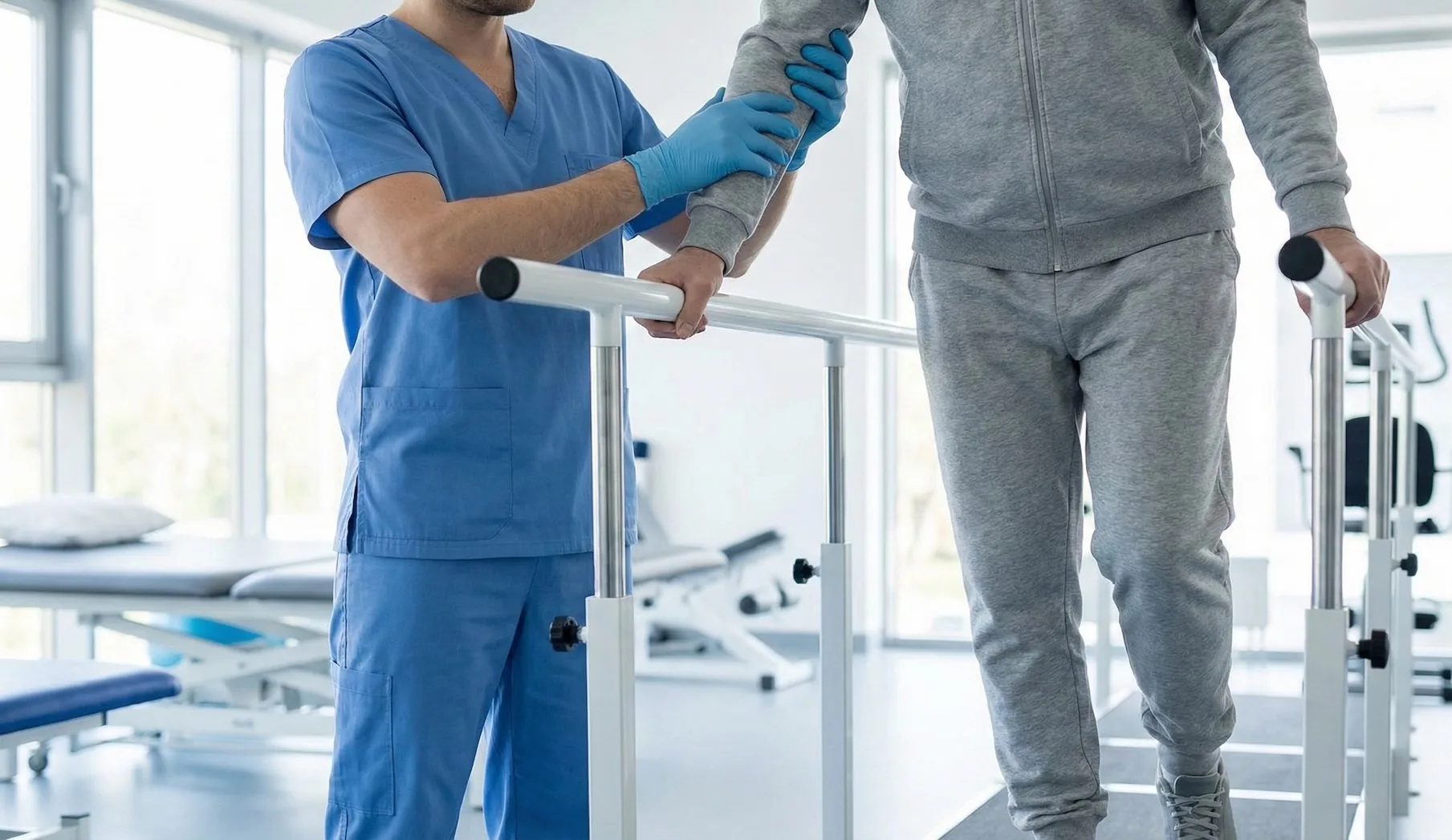Foto realista de reabilitação pós-AVC mostrando paciente em treino funcional assistido por profissional de saúde